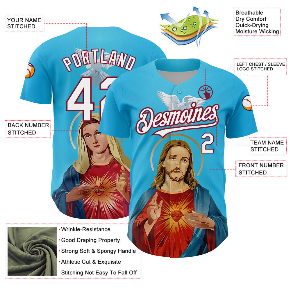 Custom Sky Blue White-Maroon 3D Pattern Design Religion Jesus Christ And Virgin Mary Authentic Baseball Jersey - Sky-Custom