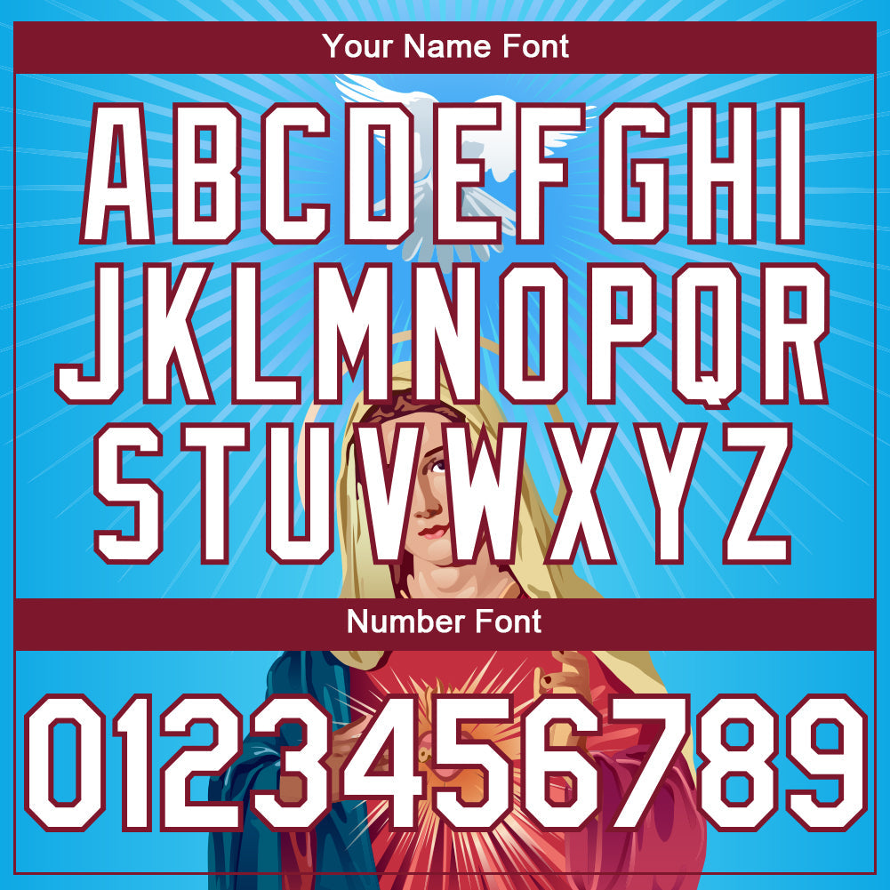 Custom Sky Blue White-Maroon 3D Pattern Design Religion Jesus Christ And Virgin Mary Authentic Baseball Jersey - Sky-Custom