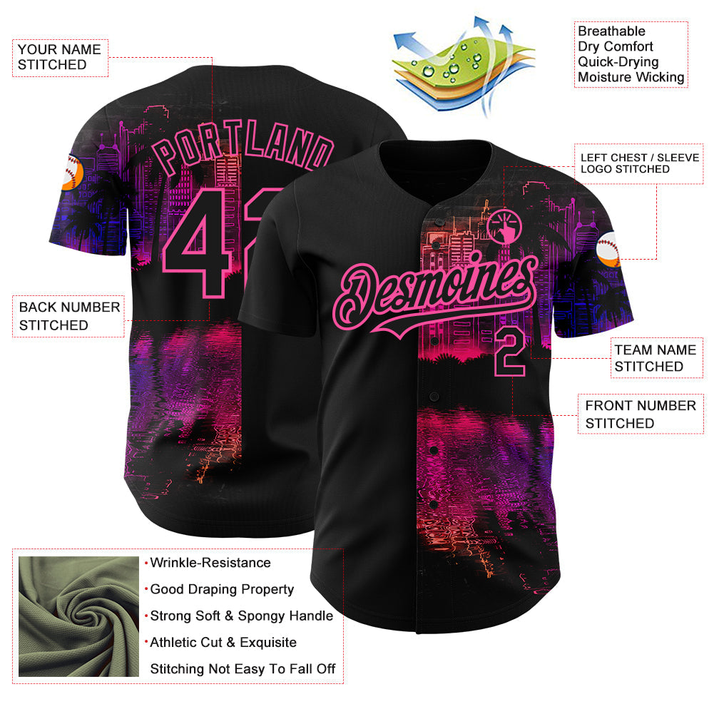 Custom Black Pink 3D Pattern Design Hawaii Palm Trees Authentic Baseball Jersey - Sky-Custom