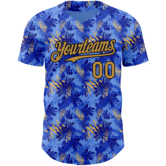 Custom Light Blue Old Gold-Black 3D Pattern Design Tropical Hawaii Palm Leaves Authentic Baseball Jersey - Sky-Custom
