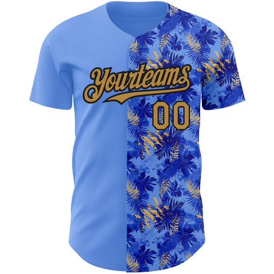 Custom Light Blue Old Gold-Black 3D Pattern Design Tropical Hawaii Palm Leaves Authentic Baseball Jersey - Sky-Custom