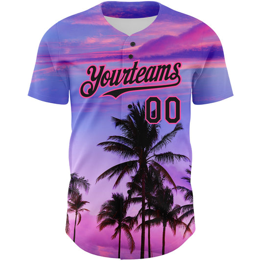 Custom Purple Black-Pink 3D Pattern Design Hawaii Palm Trees Authentic Baseball Jersey - Sky-Custom