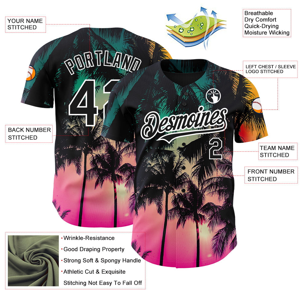 Custom Pink Black-White 3D Pattern Design Hawaii Palm Trees Authentic Baseball Jersey - Sky-Custom