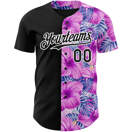 Custom Pink Black-White 3D Pattern Design Tropical Flower And Hawaii Palm Leaves Authentic Baseball Jersey - Sky-Custom