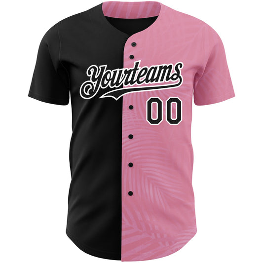 Custom Medium Pink Black-White 3D Pattern Design Tropical Hawaii Palm Leaves Authentic Baseball Jersey - Sky-Custom