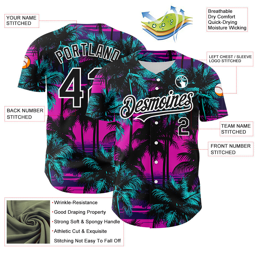 Custom Pink Black-White 3D Pattern Design Beach Hawaii Palm Trees Authentic Baseball Jersey - Sky-Custom