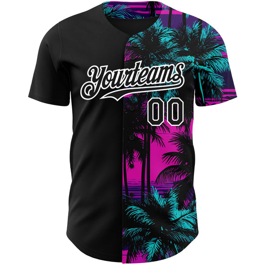 Custom Pink Black-White 3D Pattern Design Beach Hawaii Palm Trees Authentic Baseball Jersey - Sky-Custom