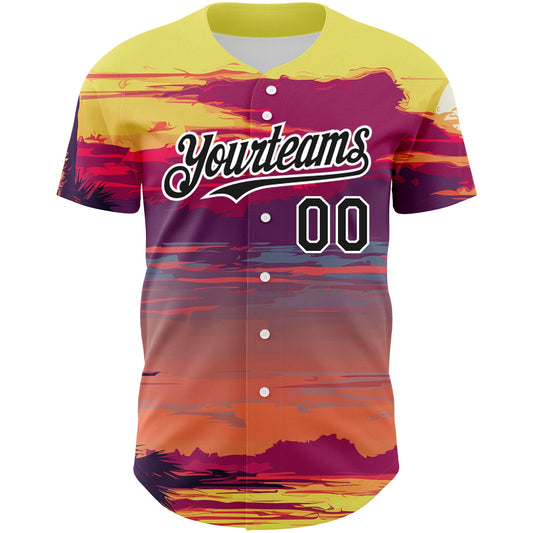 Custom Yellow Black-White 3D Pattern Design Beach Hawaii Palm Trees Authentic Baseball Jersey - Sky-Custom