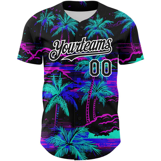 Custom Black White 3D Pattern Design Beach Hawaii Palm Trees Authentic Baseball Jersey - Sky-Custom