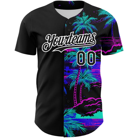 Custom Black White 3D Pattern Design Beach Hawaii Palm Trees Authentic Baseball Jersey - Sky-Custom