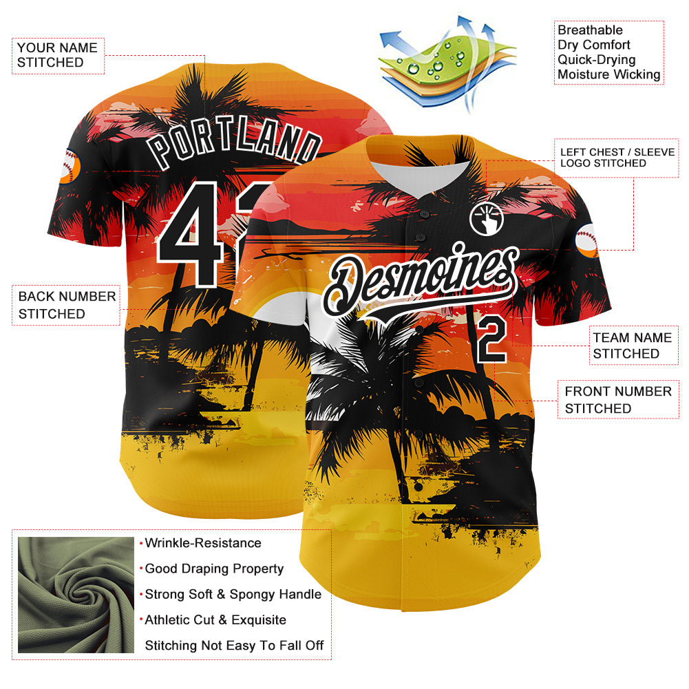 Custom Yellow Black White 3D Pattern Design Beach Hawaii Palm Trees Authentic Baseball Jersey - Sky-Custom