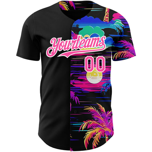 Custom Black Pink-White 3D Pattern Design Beach Hawaii Palm Trees Authentic Baseball Jersey - Sky-Custom