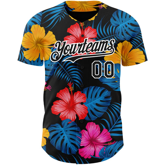 Custom Black White 3D Pattern Design Tropical Flower And Hawaii Palm Leaves Authentic Baseball Jersey - Sky-Custom