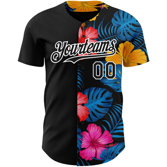 Custom Black White 3D Pattern Design Tropical Flower And Hawaii Palm Leaves Authentic Baseball Jersey - Sky-Custom