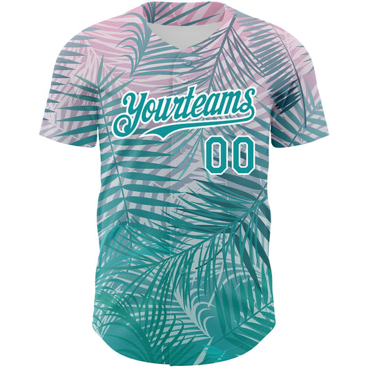 Custom Teal White 3D Pattern Design Tropical Hawaii Palm Leaves Authentic Baseball Jersey - Sky-Custom
