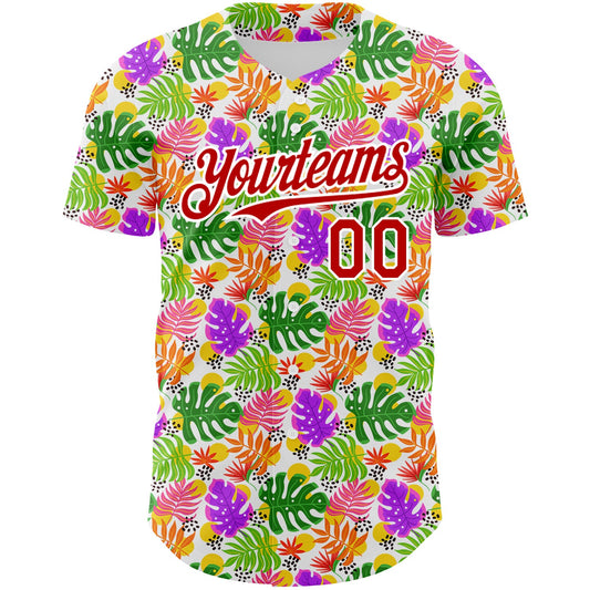 Custom White Red 3D Pattern Design Tropical Hawaii Palm Leaves Authentic Baseball Jersey - Sky-Custom