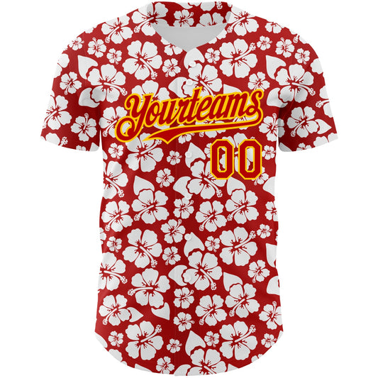 Custom Red Yellow 3D Pattern Design Tropical Hawaii Flower Authentic Baseball Jersey - Sky-Custom