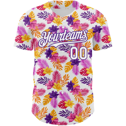 Custom White Purple 3D Pattern Design Tropical Flower And Hawaii Palm Leaves Authentic Baseball Jersey - Sky-Custom