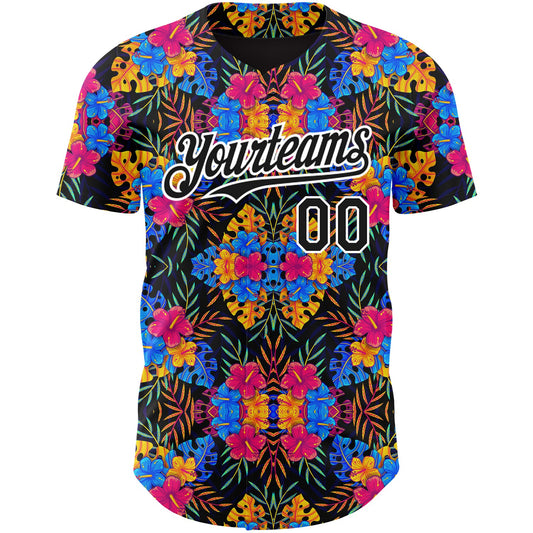 Custom Black White 3D Pattern Design Tropical Flower And Hawaii Palm Leaves Authentic Baseball Jersey - Sky-Custom