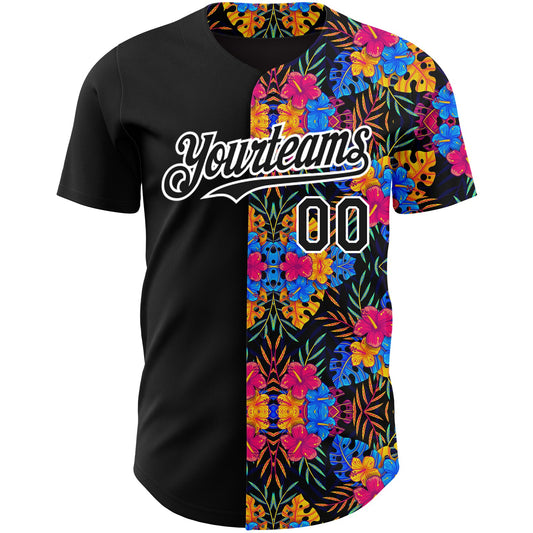 Custom Black White 3D Pattern Design Tropical Flower And Hawaii Palm Leaves Authentic Baseball Jersey - Sky-Custom
