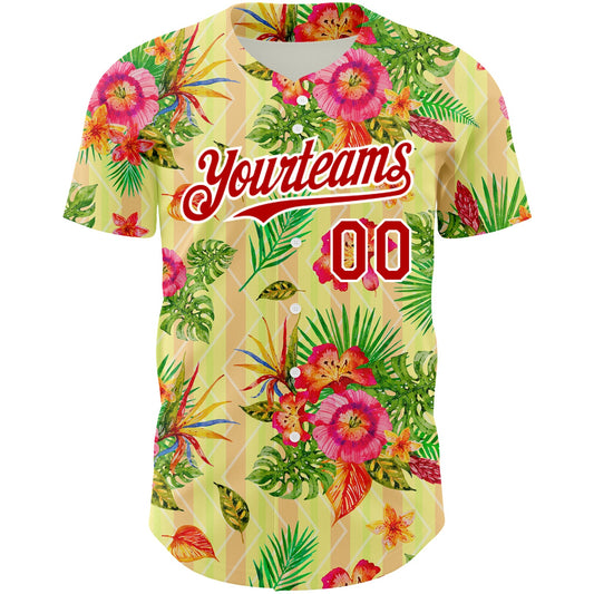 Custom Neon Yellow Red-White 3D Pattern Design Tropical Flower And Hawaii Palm Leaves Authentic Baseball Jersey - Sky-Custom