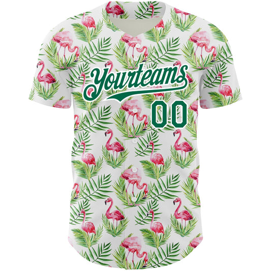 Custom White Kelly Green 3D Pattern Design Tropical Hawaii Palm Leaves And Flamingo Authentic Baseball Jersey - Sky-Custom