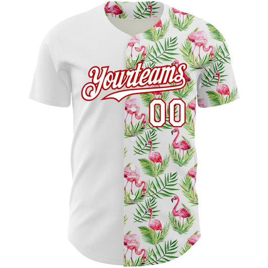 Custom White Red 3D Pattern Design Tropical Hawaii Palm Leaves And Flamingo Authentic Baseball Jersey - Sky-Custom