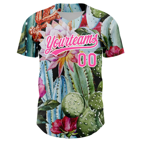 Custom Green Pink-White 3D Pattern Design Cactus Festival Authentic Baseball Jersey - Sky-Custom