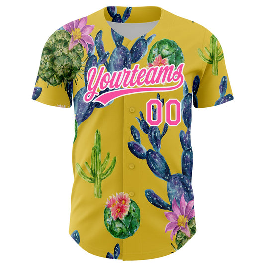 Custom Yellow Pink-White 3D Pattern Design Cactus Festival Authentic Baseball Jersey - Sky-Custom
