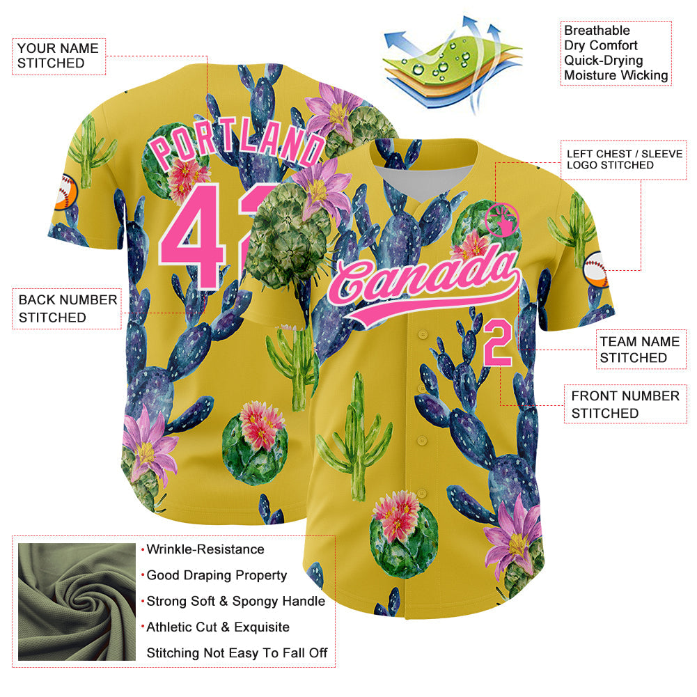 Custom Yellow Pink-White 3D Pattern Design Cactus Festival Authentic Baseball Jersey - Sky-Custom