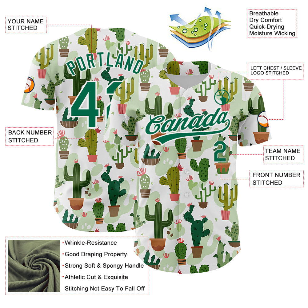 Custom White Kelly Green 3D Pattern Design Cactus Festival Authentic Baseball Jersey - Sky-Custom