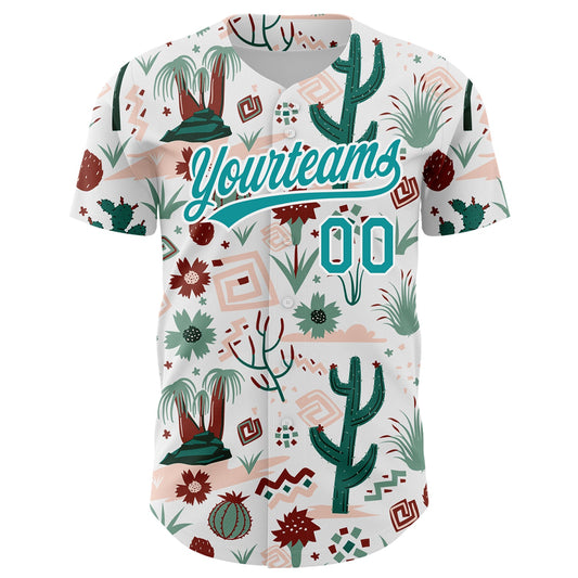 Custom White Teal 3D Pattern Design Cactus Festival Authentic Baseball Jersey - Sky-Custom
