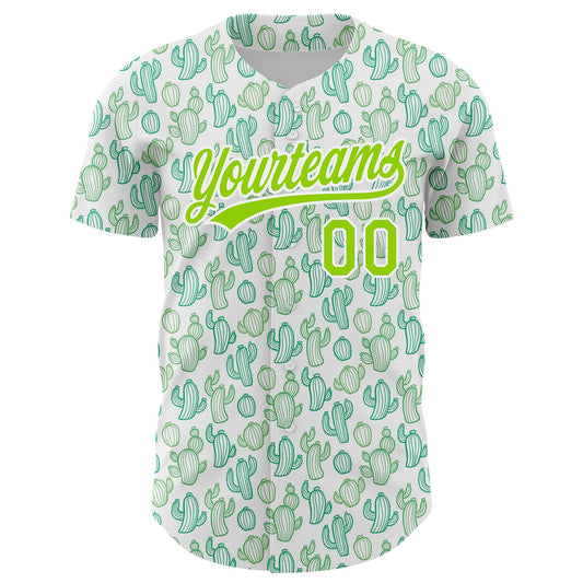 Custom White Neon Green 3D Pattern Design Cactus Festival Authentic Baseball Jersey - Sky-Custom