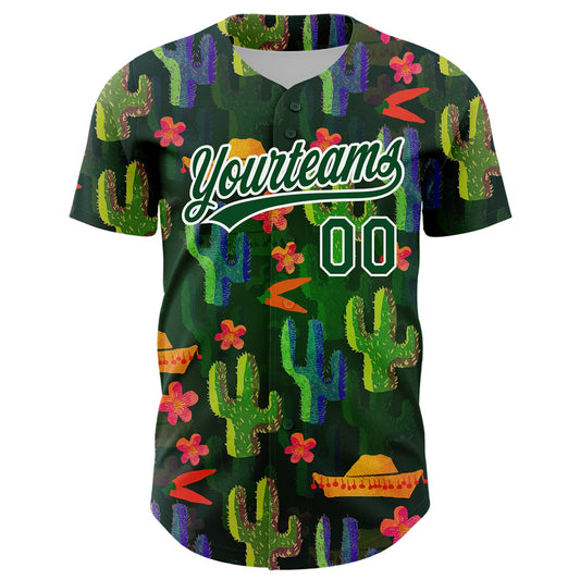 Custom Green White 3D Pattern Design Cactus Festival Authentic Baseball Jersey - Sky-Custom