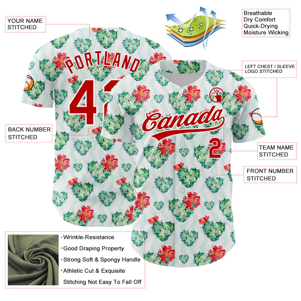 Custom White Red 3D Pattern Design Cactus Festival Authentic Baseball Jersey - Sky-Custom