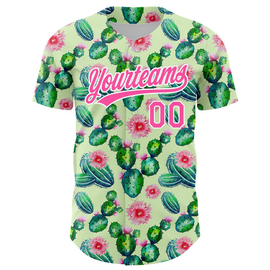 Custom Green Pink-White 3D Pattern Design Cactus Festival Authentic Baseball Jersey - Sky-Custom