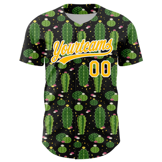Custom Black Gold-White 3D Pattern Design Cactus Festival Authentic Baseball Jersey - Sky-Custom