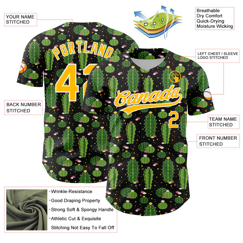 Custom Black Gold-White 3D Pattern Design Cactus Festival Authentic Baseball Jersey - Sky-Custom