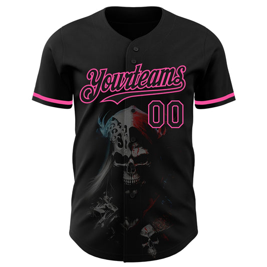 Custom Black Pink 3D Skull Fashion Authentic Baseball Jersey - Sky-Custom
