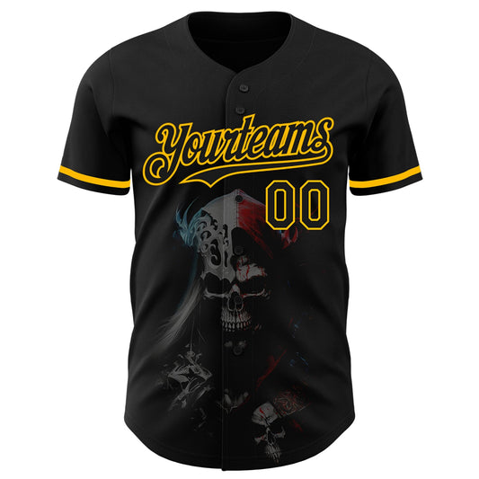 Custom Black Gold 3D Skull Fashion Authentic Baseball Jersey - Sky-Custom