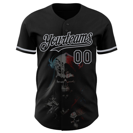 Custom Black Gray 3D Skull Fashion Authentic Baseball Jersey - Sky-Custom