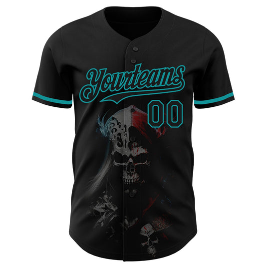 Custom Black Teal 3D Skull Fashion Authentic Baseball Jersey - Sky-Custom