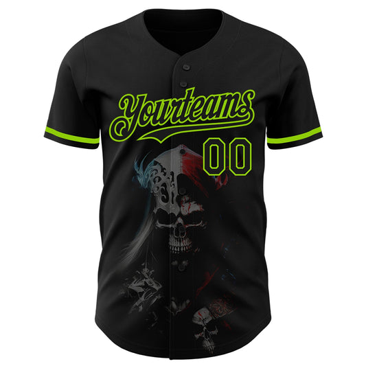 Custom Black Neon Green 3D Skull Fashion Authentic Baseball Jersey - Sky-Custom