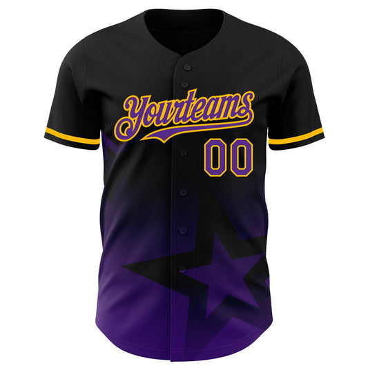 Custom Black Purple-Gold 3D Pattern Design Gradient Style Twinkle Star Authentic Baseball Jersey - Sky-Custom