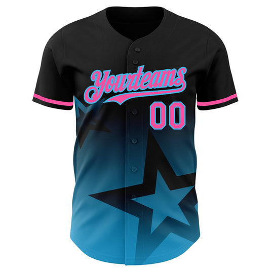 Custom Black Pink-Sky Blue 3D Pattern Design Gradient Style Twinkle Star Authentic Baseball Jersey - Sky-Custom