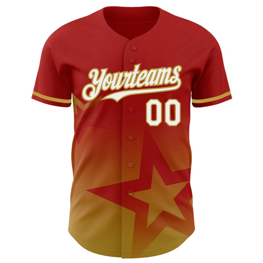 Custom Red White-Old Gold 3D Pattern Design Gradient Style Twinkle Star Authentic Baseball Jersey - Sky-Custom