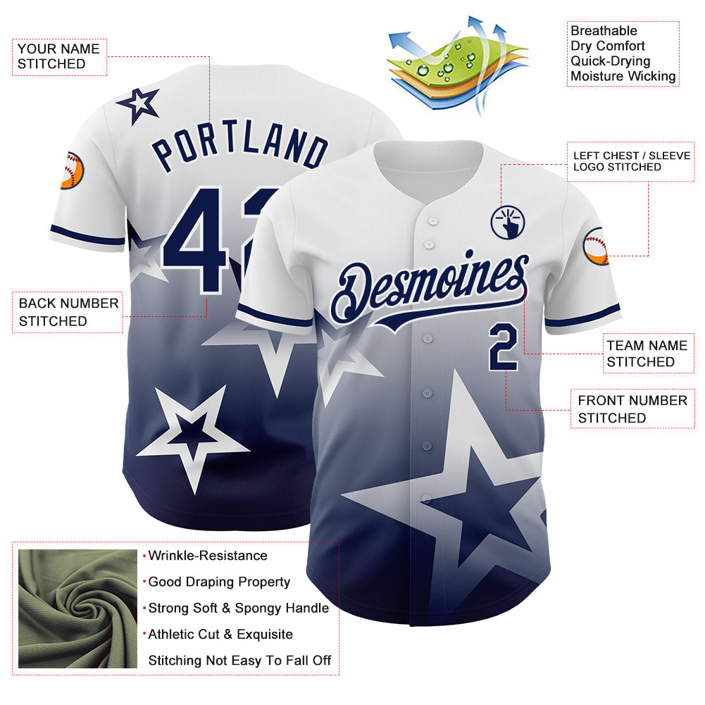 Custom White Navy 3D Pattern Design Gradient Style Twinkle Star Authentic Baseball Jersey - Sky-Custom