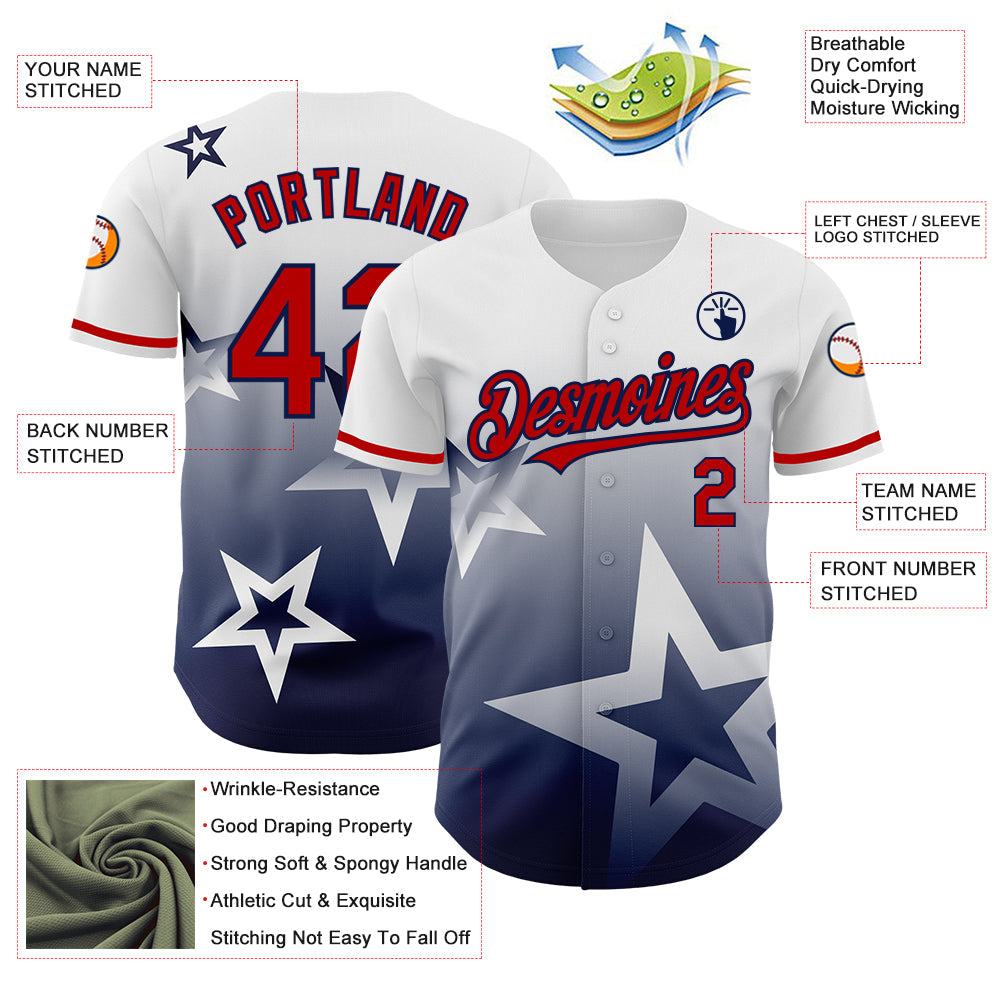 Custom White Red-Navy 3D Pattern Design Gradient Style Twinkle Star Authentic Baseball Jersey - Sky-Custom