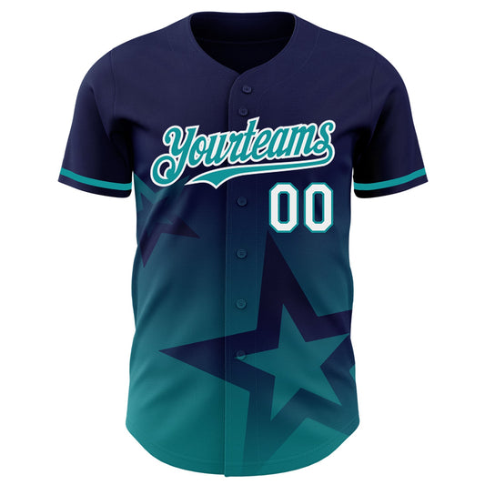 Custom Navy Teal-White 3D Pattern Design Gradient Style Twinkle Star Authentic Baseball Jersey - Sky-Custom