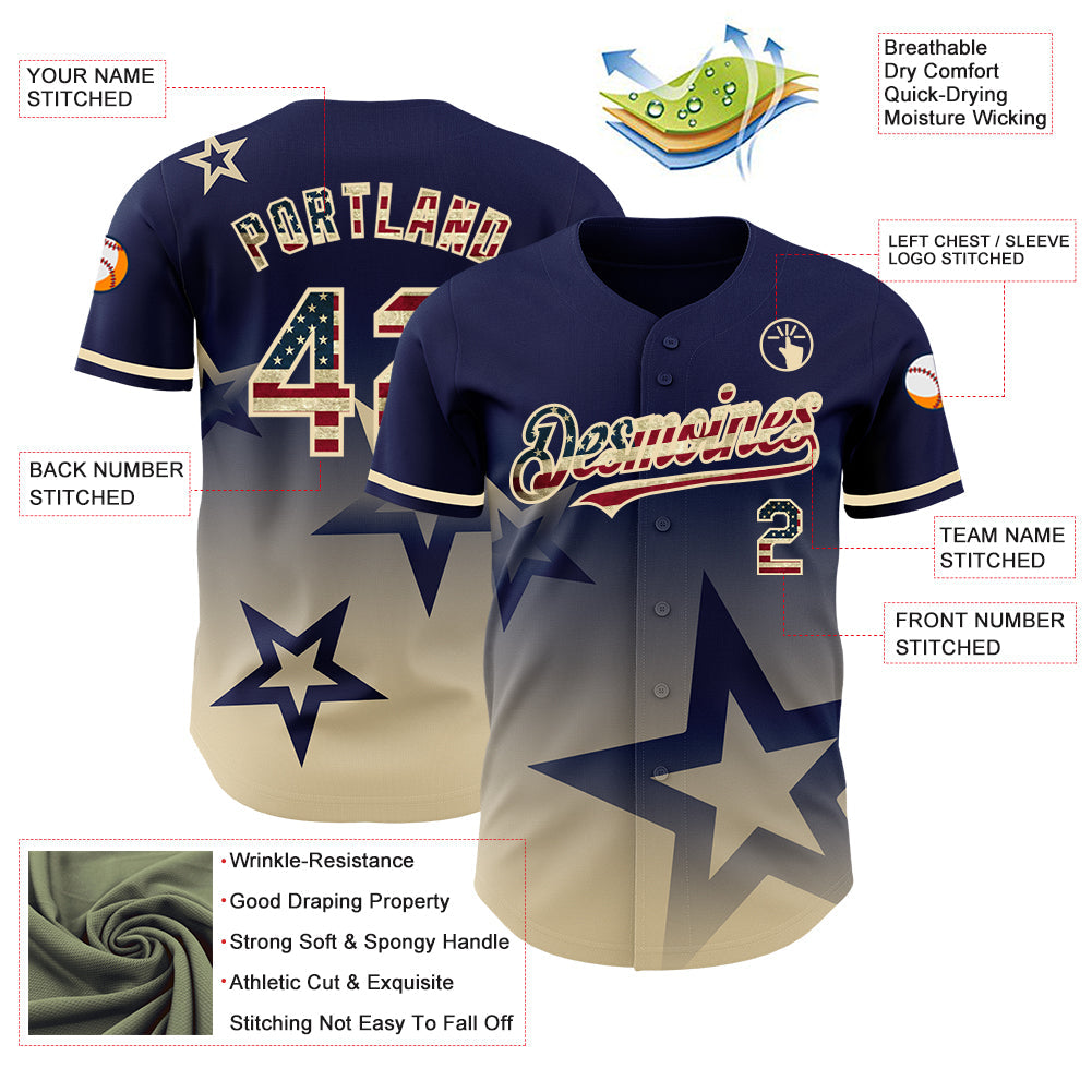 Custom Navy Vintage USA Flag-Cream 3D Pattern Design Gradient Style Twinkle Star Authentic Baseball Jersey - Sky-Custom